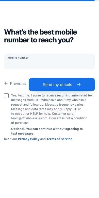Outside-Texas DTF Wholesale mobile-number step showing an unchecked optional SMS checkbox and the follow-up disclosure